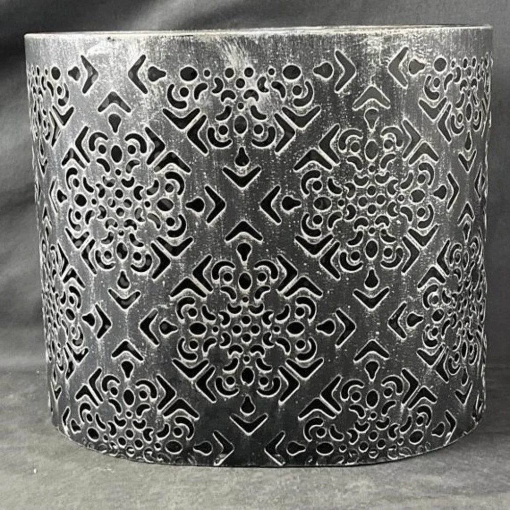 Filigree Silver Metal Cutout Medallion Oval Wastebasket Decorative Bin 9in